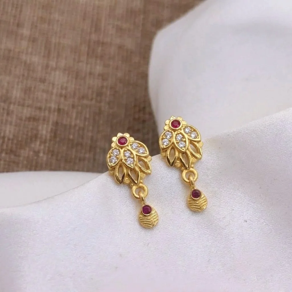1Gram Gold Plated Ruby Floral Earrings
