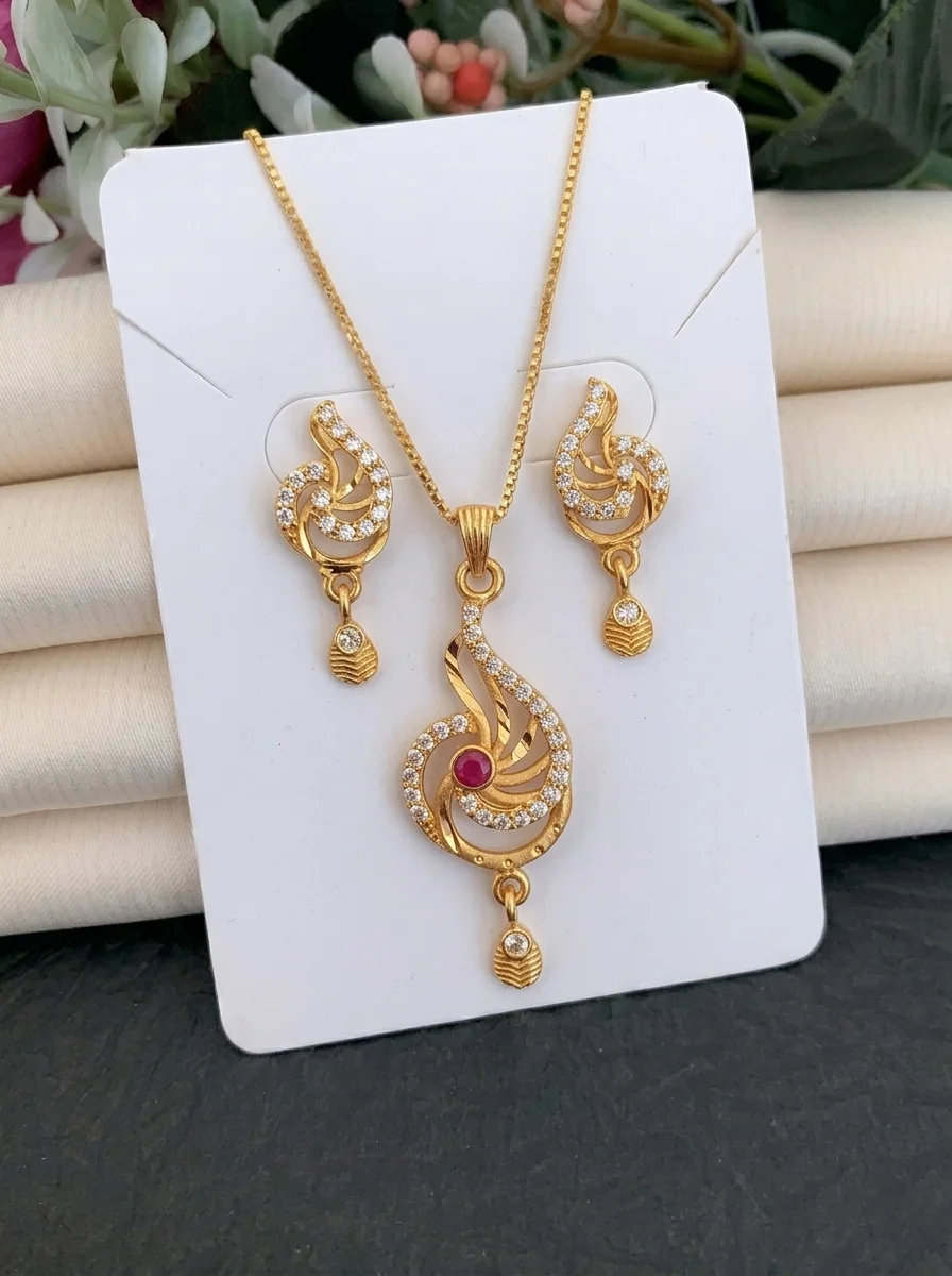 Gold Plated AD & Ruby Pendant set