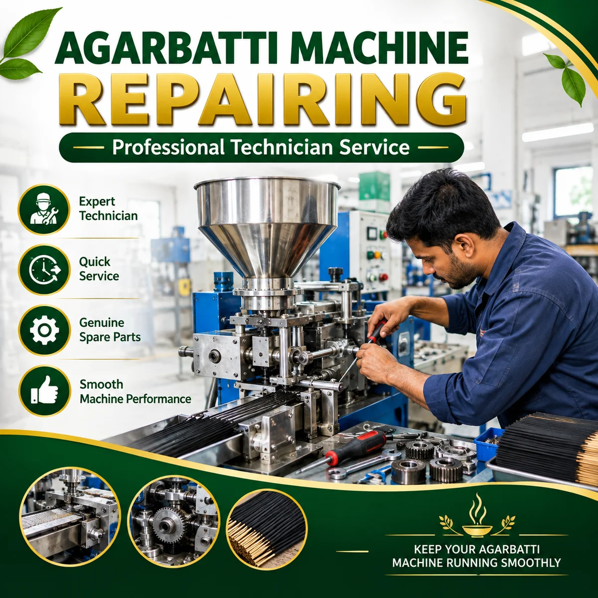 Professional Agarbatti Machine Repair Service 🔧 Fast, Reliable & Trusted Technician Support for Smooth Machine Performance. 📞 Call/WhatsApp: 9844472920