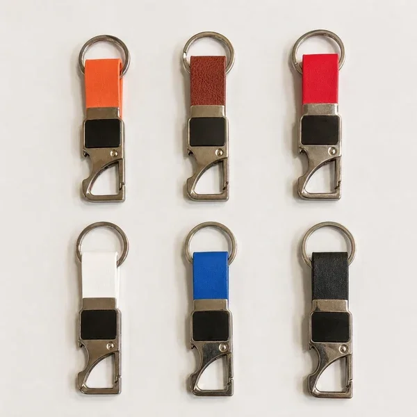 Metal Leather Hoop Keychain with Bottle Opener – Single Side Engraving (Mixed Colors)