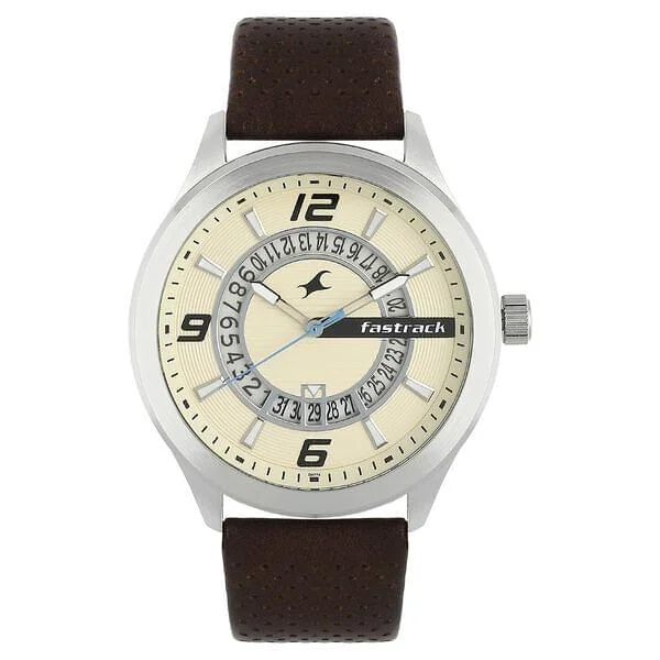 Fastrack Loopholes Quartz Analog with Date Beige Dial Leather Strap Watch for Guys