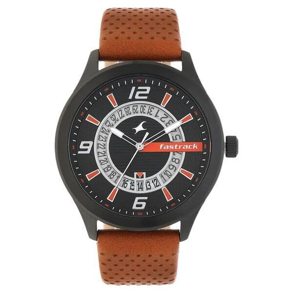 Fastrack Loopholes Quartz Analog with Date Black Dial Leather Strap Watch for Guys