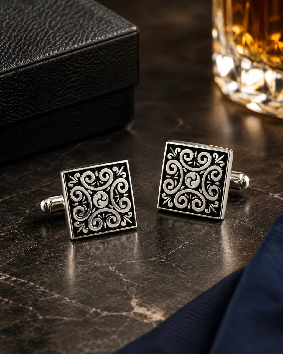 Antique Style Scrollwork Square Cufflinks – Men’s With Free Leather Box alt