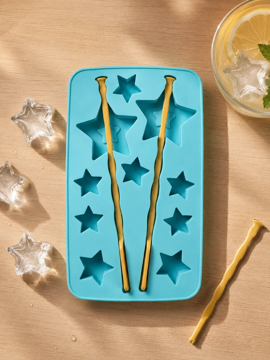 Magic Star Silicone Ice Cube Tray with Reusable Stirrers – 2-in-1 Wand Mold & Small Stars for Mocktails, Cocktails & Kids Parties