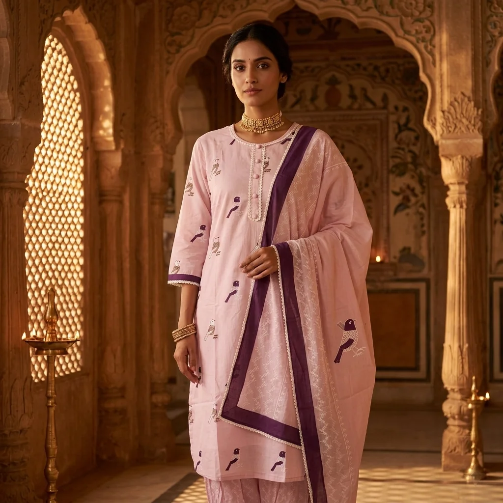 Premium Pure Cotton Pastel Pink Bird Motif Kurta Set with Contrast Border And Foil Thread Print alt