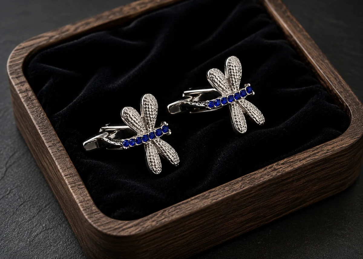 Elegant Crystal Dragonfly Cufflinks – Silver Tone For Men With Free Leather Box alt