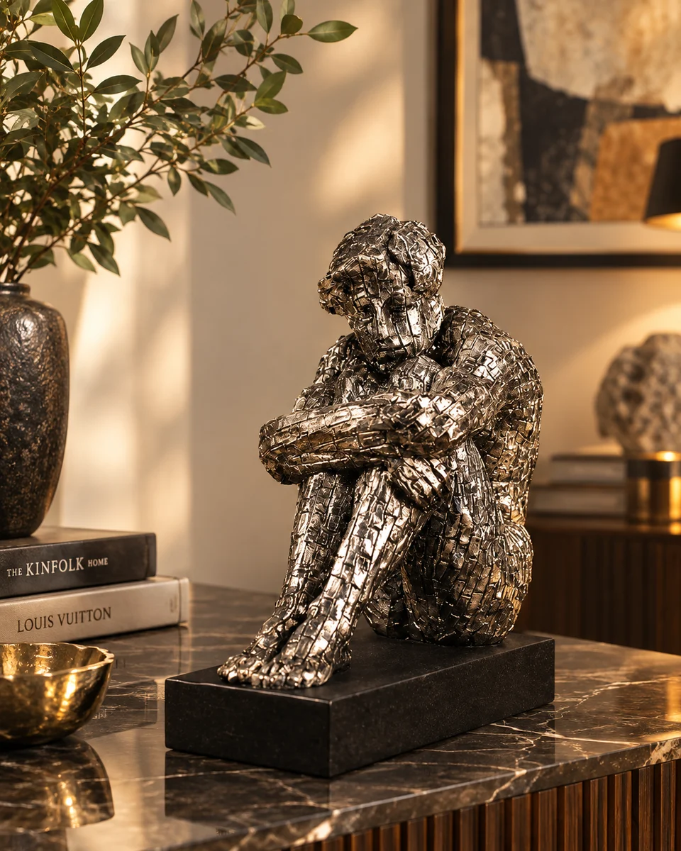 Abstract Metallic Mosaic Contemplative Figure Sculpture – Modern Contemporary Decor