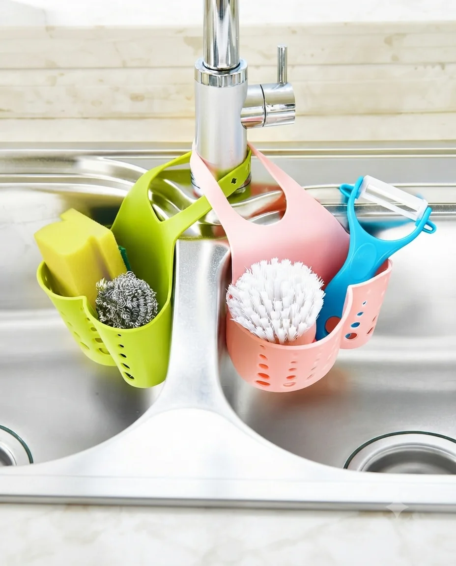 Silicone Kitchen Sink Sponge Caddy | Adjustable Faucet Hanging Drain Basket (Pack of 2)