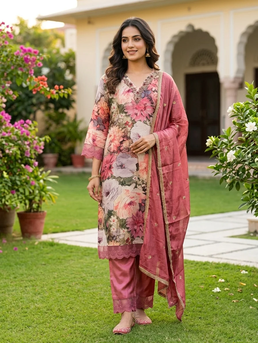 Elegant Pink Floral Embroidered Kurta Set with Dupatta | Designer Ethnic Wear alt