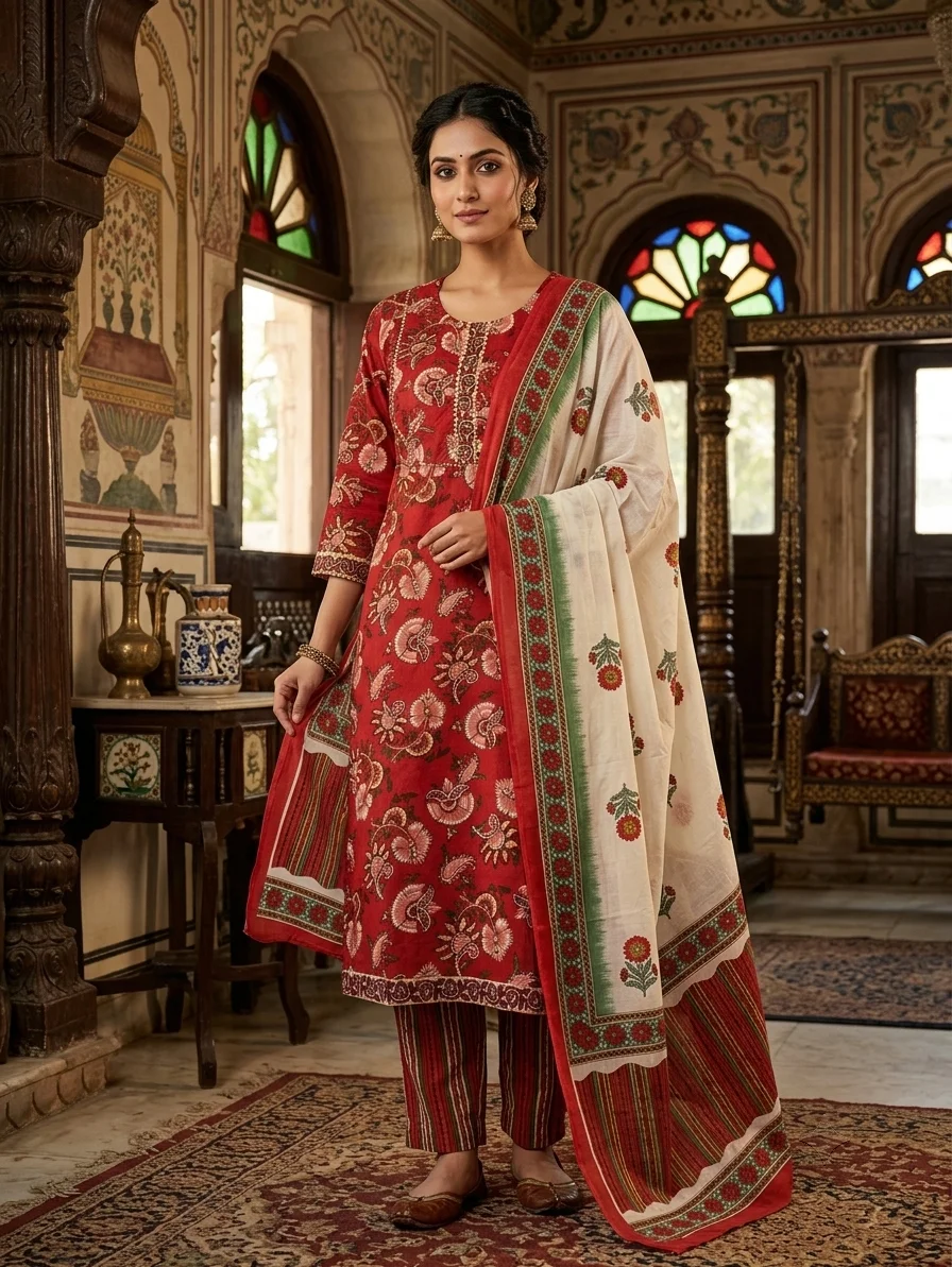 Red Floral Printed Kurta Pant & Dupatta Set for Women | Festive & Traditional Ethnic Wear alt