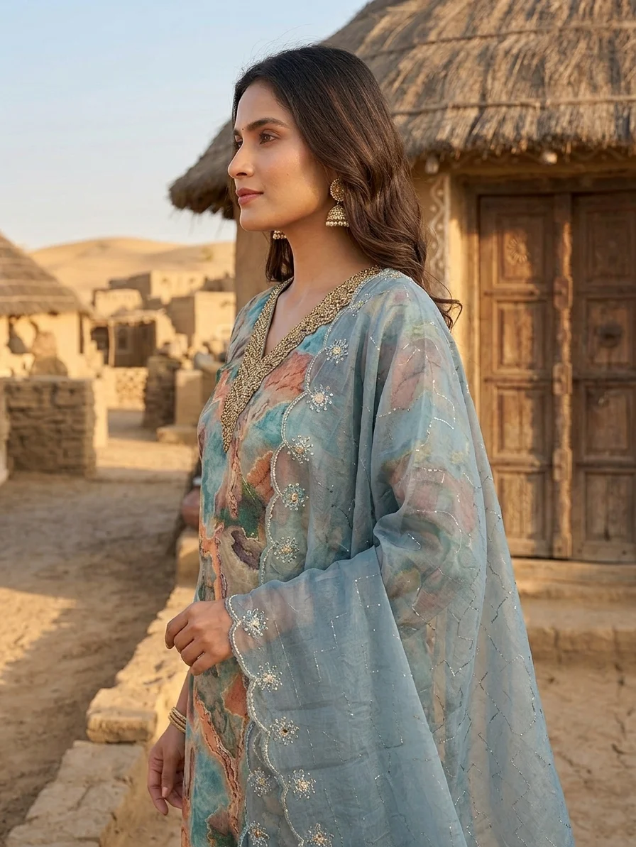 Teal Abstract Print Embroidered Kurta Set with Dupatta | Designer Ethnic Wear