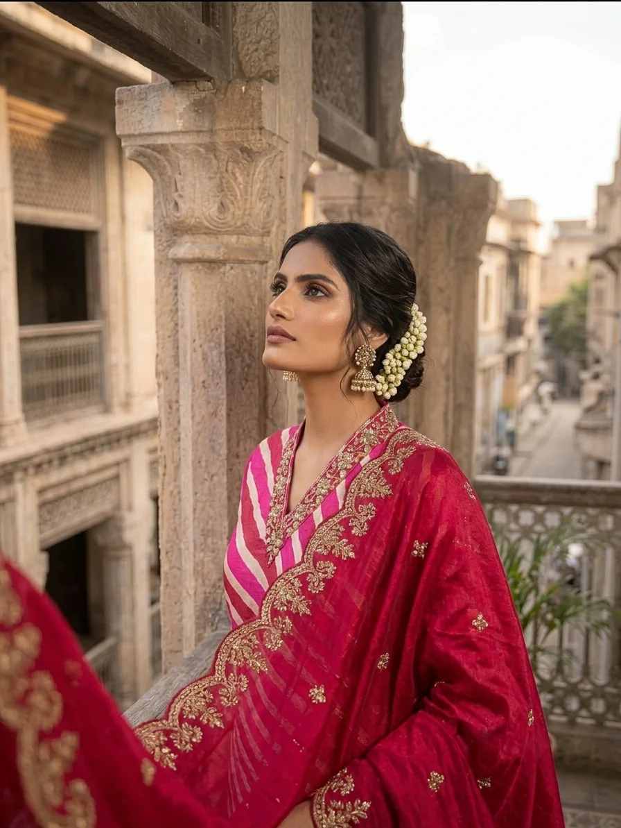 Magenta Striped Leheriya Premium Viscose Kurti, Muslin Pants, Muslin Cutwork Embroidery Dupatta