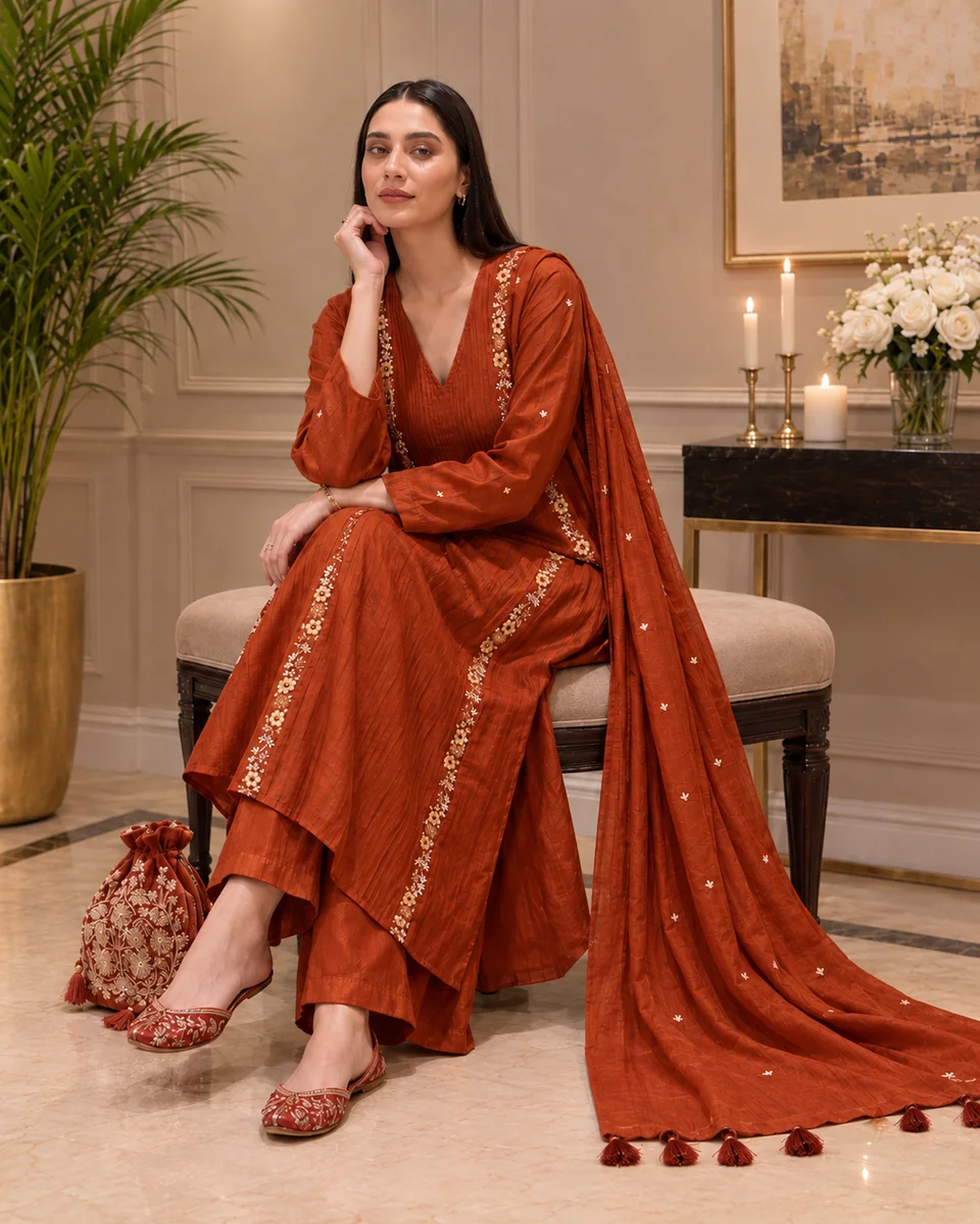 Pure Mul Chanderi Kurta Pant & Dupatta Set with Beadwork