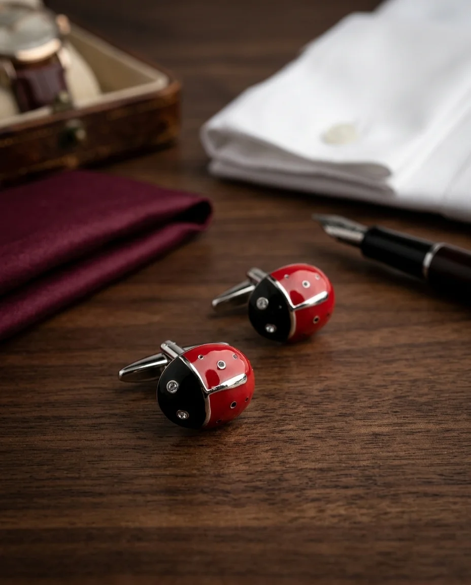 Premium Red Enamel Ladybug Cufflinks for Men With Free Leather Box alt