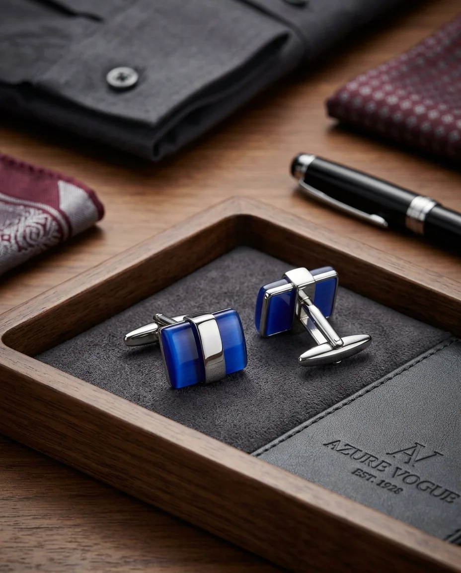 Modern Blue Gemstone Square Cufflinks For Men With Free Leather Box alt