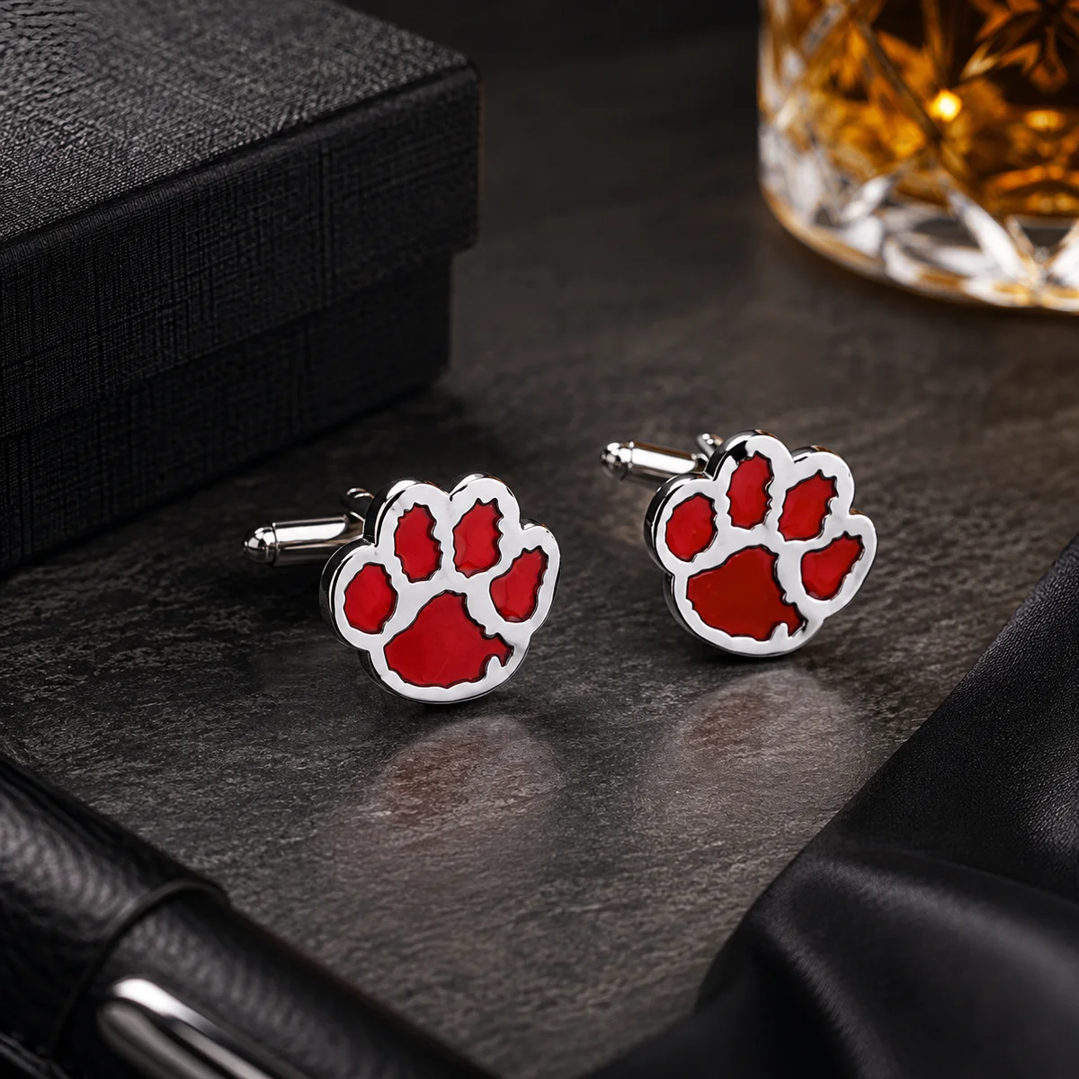 Men’s Red Paw Print Enamel Cufflinks With Free Leather Box alt