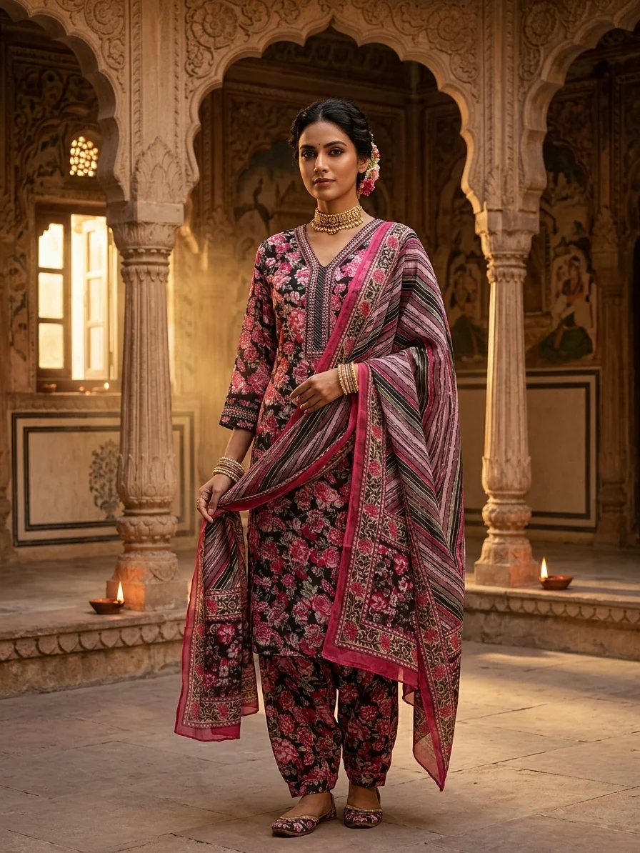 Elegant Floral Printed Maroon & Pink Pakistani Suit with Stylish Dupatta – Traditional Ethnic Wear alt