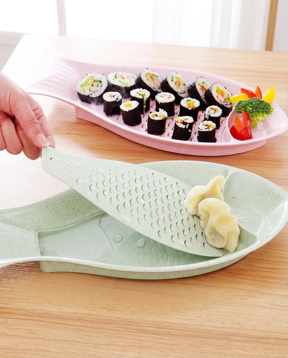 Eco-Friendly Wheat Grass Fish Platter | Dumpling Plate with Dip Compartment alt
