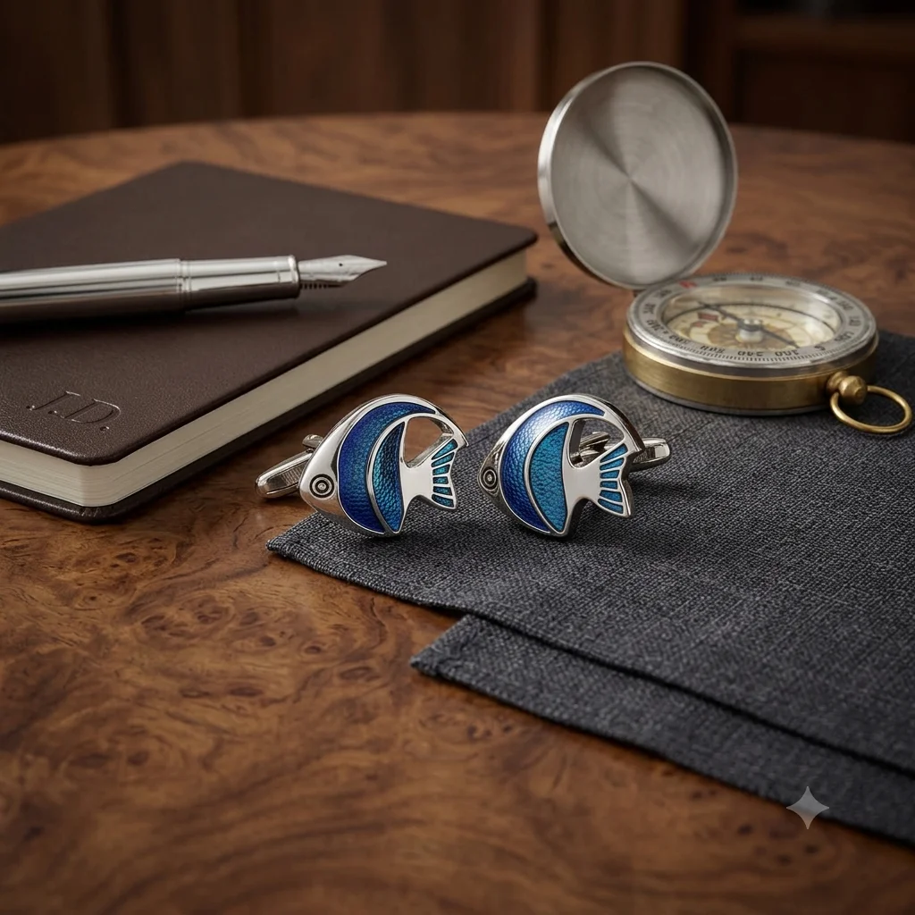 Premium Silver and Textured Blue Fish Cufflinks for Men With Free Leather Box alt