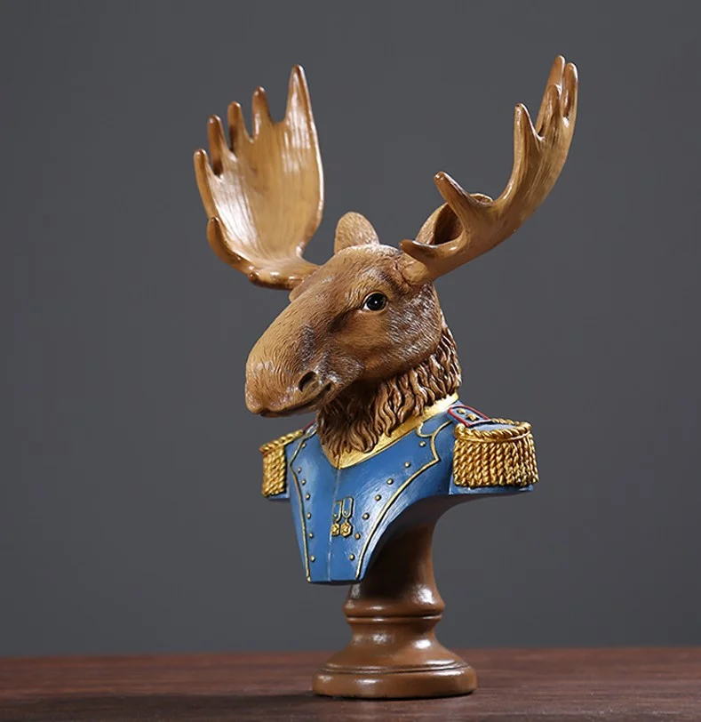 Regal Military Moose Bust Statue – Vintage Aristocrat Animal Decor for Home & Office