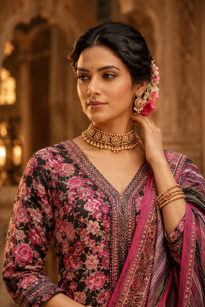Elegant Floral Printed Maroon & Pink Pakistani Suit with Stylish Dupatta – Traditional Ethnic Wear