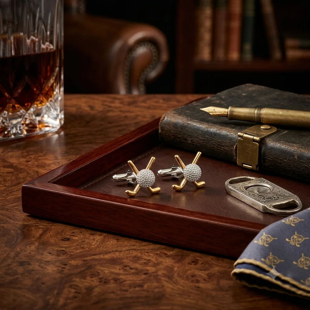 Elegant Crystal Golf Ball & Gold Club Cufflinks – Men’s With Free Leather Box alt