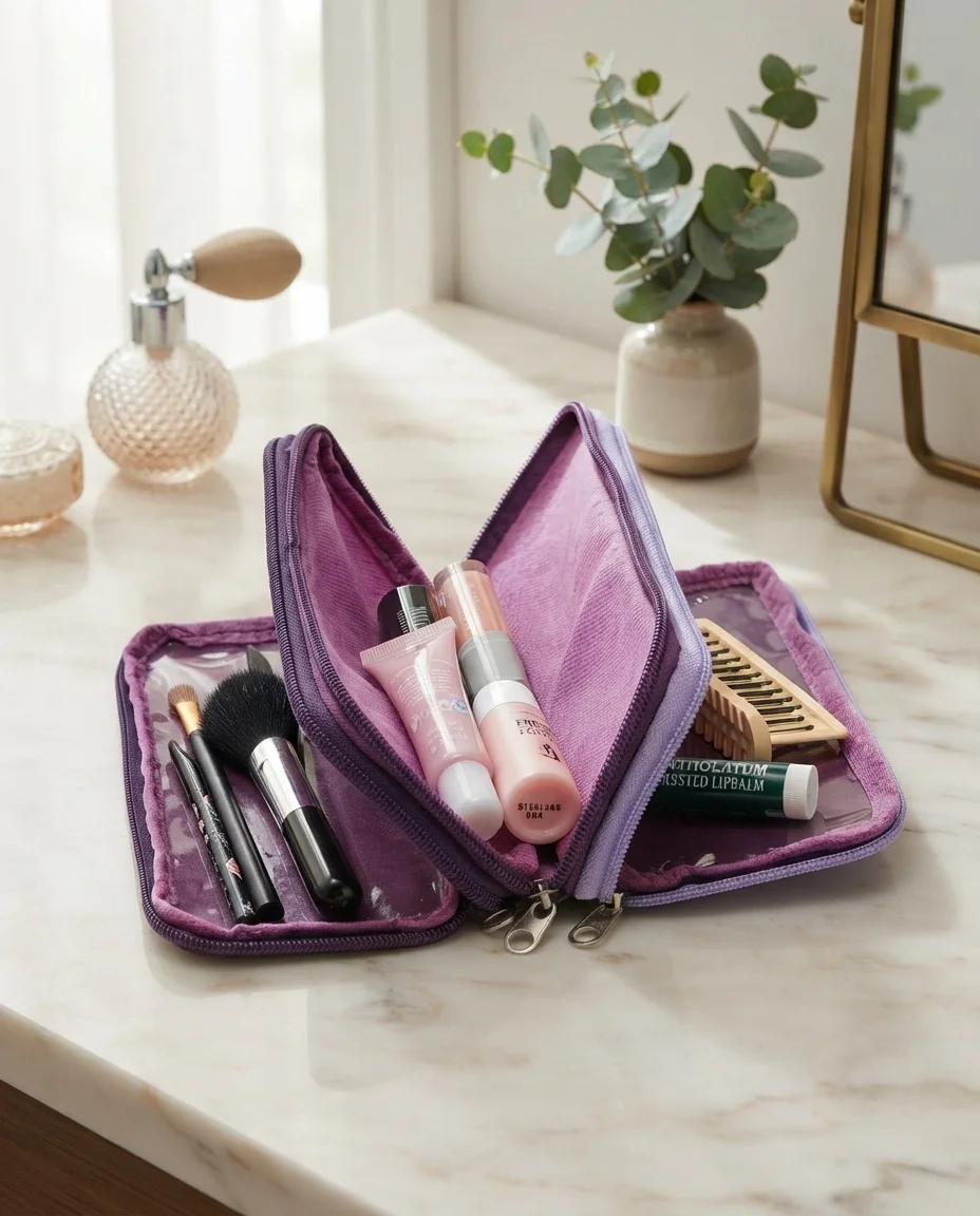 Multi-Compartment Purple Waterproof Travel Makeup Pouch | Portable Cosmetic Organizer (Pack of 2) alt