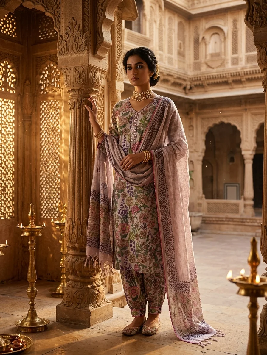 Women's Lilac Botanical Print Kurta Set – Traditional V-Neck Suit with Dhoti Pants and Tasseled Dupatta alt