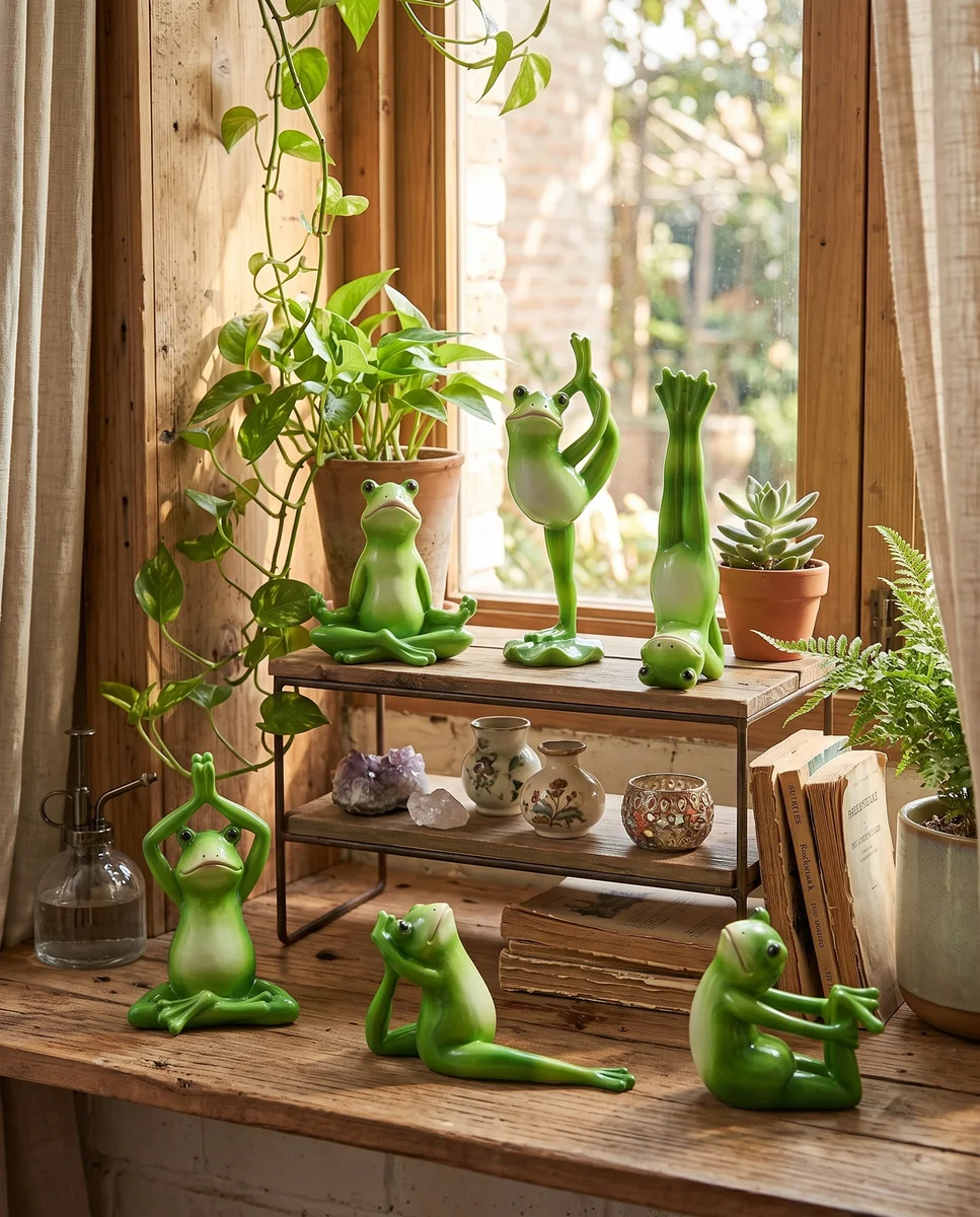 Zen Yoga Frog Figurine Set – Decorative Green Frog Statues for Home, Garden & Office