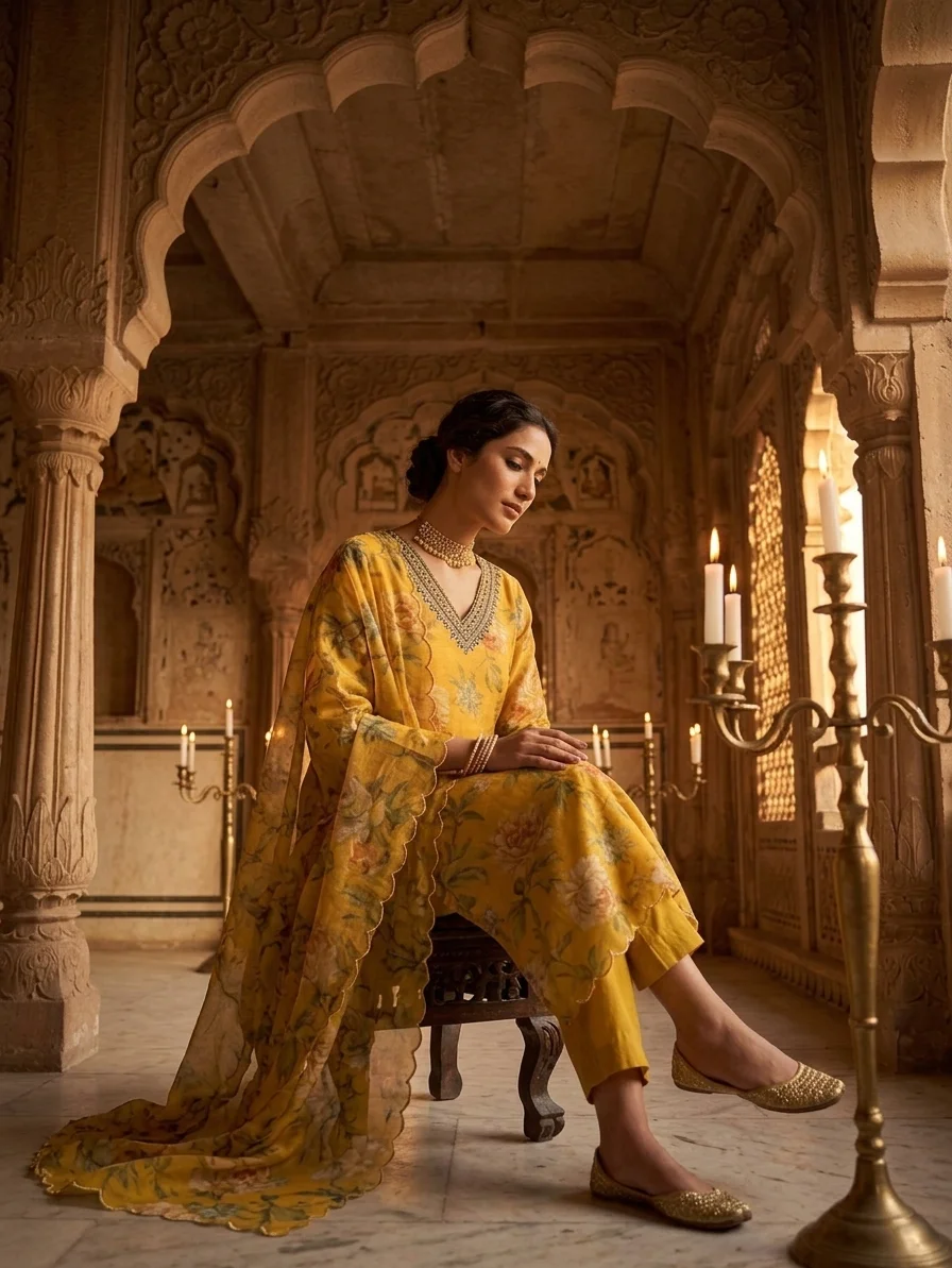 Mustard Yellow Floral Premium Muslin Kurta, Premium Organza Scalloped Dupatta