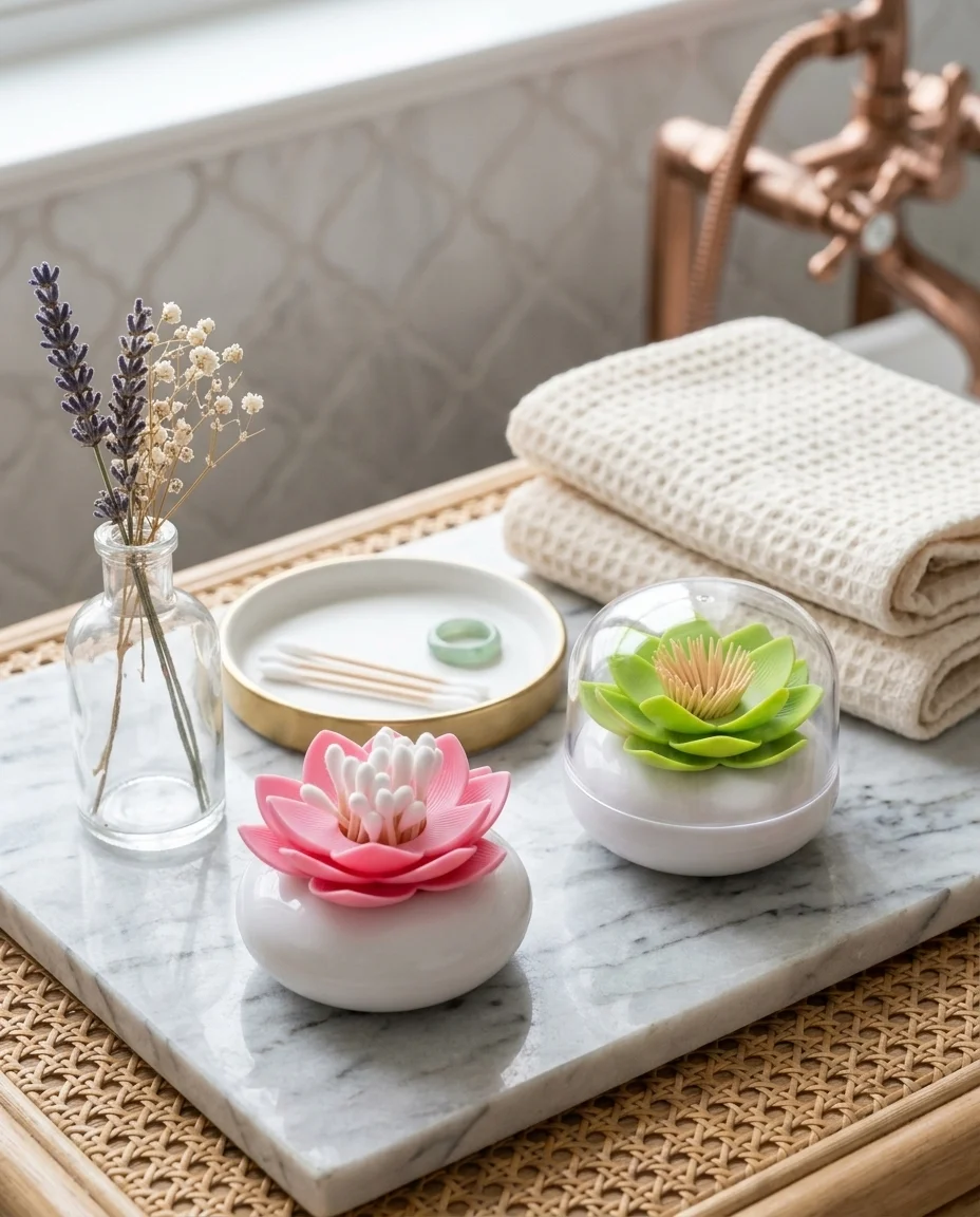 Lotus Flower Toothpick & Cotton Swab Holder | Decorative Dispenser with Lid
