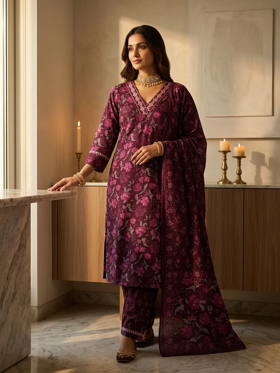 Women’s Maroon Floral Printed Kurta Pant Set with Dupatta alt