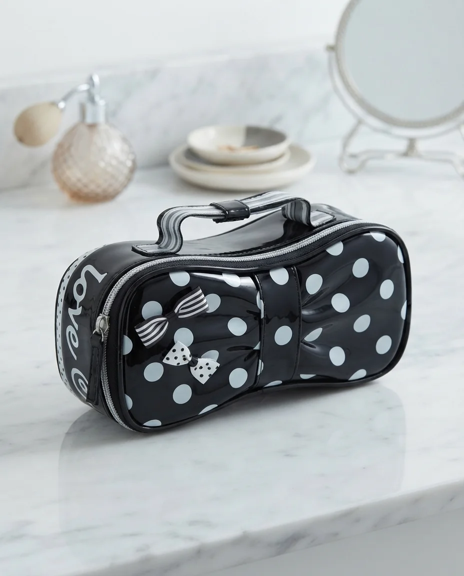 Black Patent Leather Cosmetic Bag & Makeup Organizer | Heart Print Travel Pouch