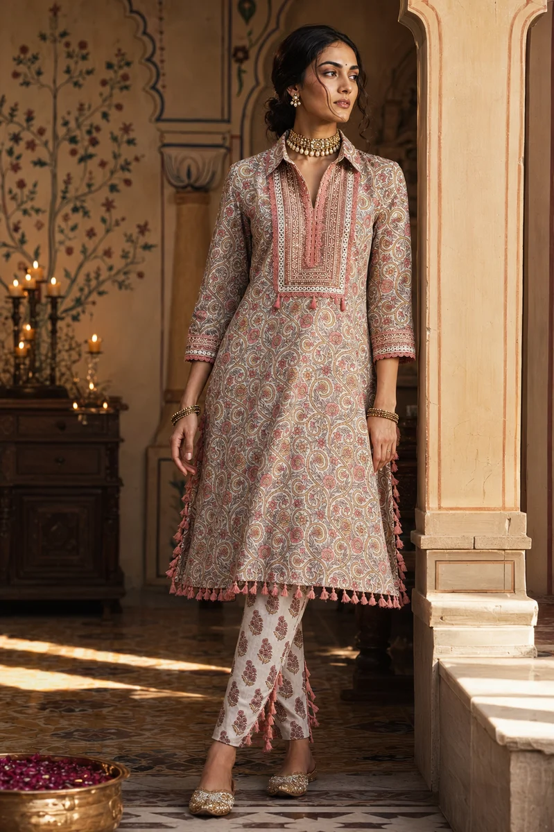 Premium Pure Cotton Printed Collared Co-ord Set with Embroidered Yoke