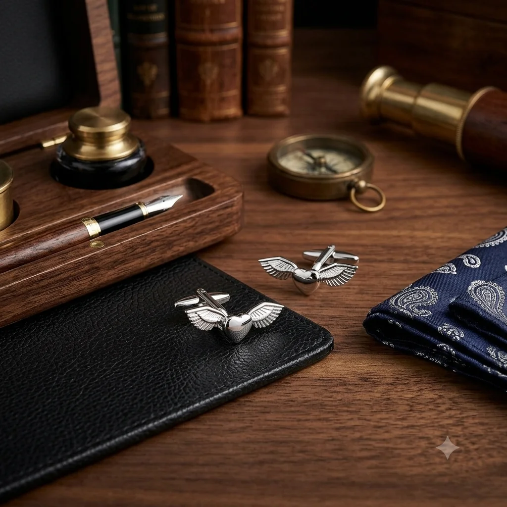 Elegant Silver Angel Wings & Heart Cufflinks for Men With Free Leather Box alt