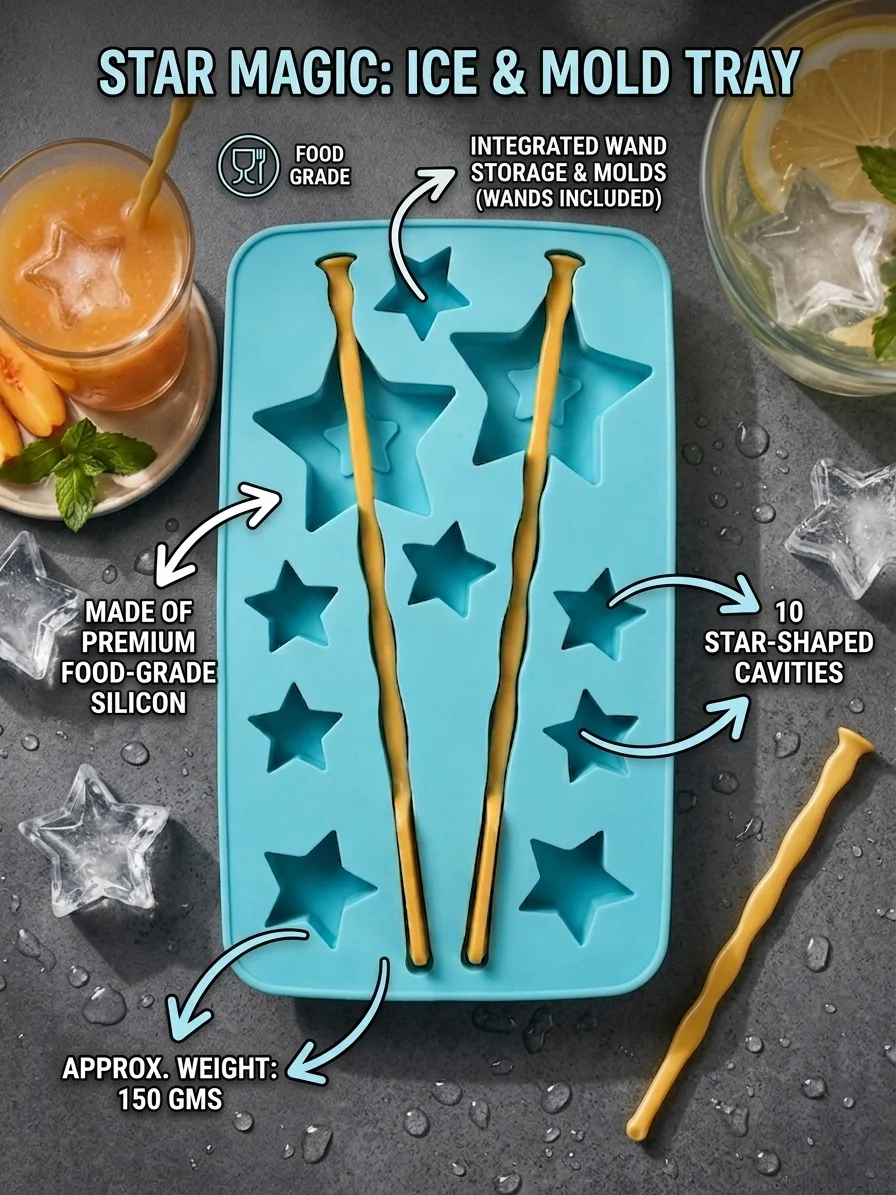 Magic Star Silicone Ice Cube Tray with Reusable Stirrers – 2-in-1 Wand Mold & Small Stars for Mocktails, Cocktails & Kids Parties alt