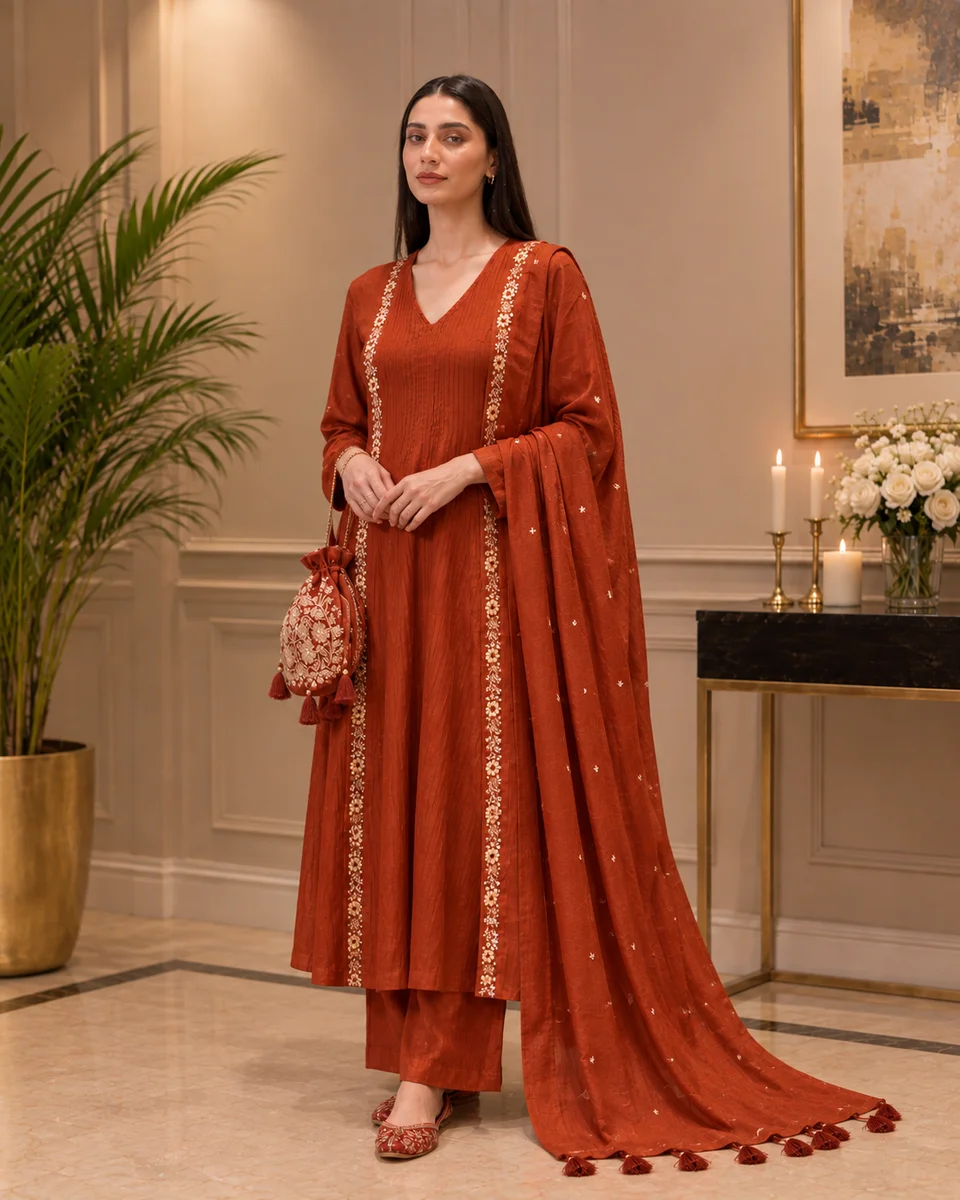 Pure Mul Chanderi Kurta Pant & Dupatta Set with Beadwork alt