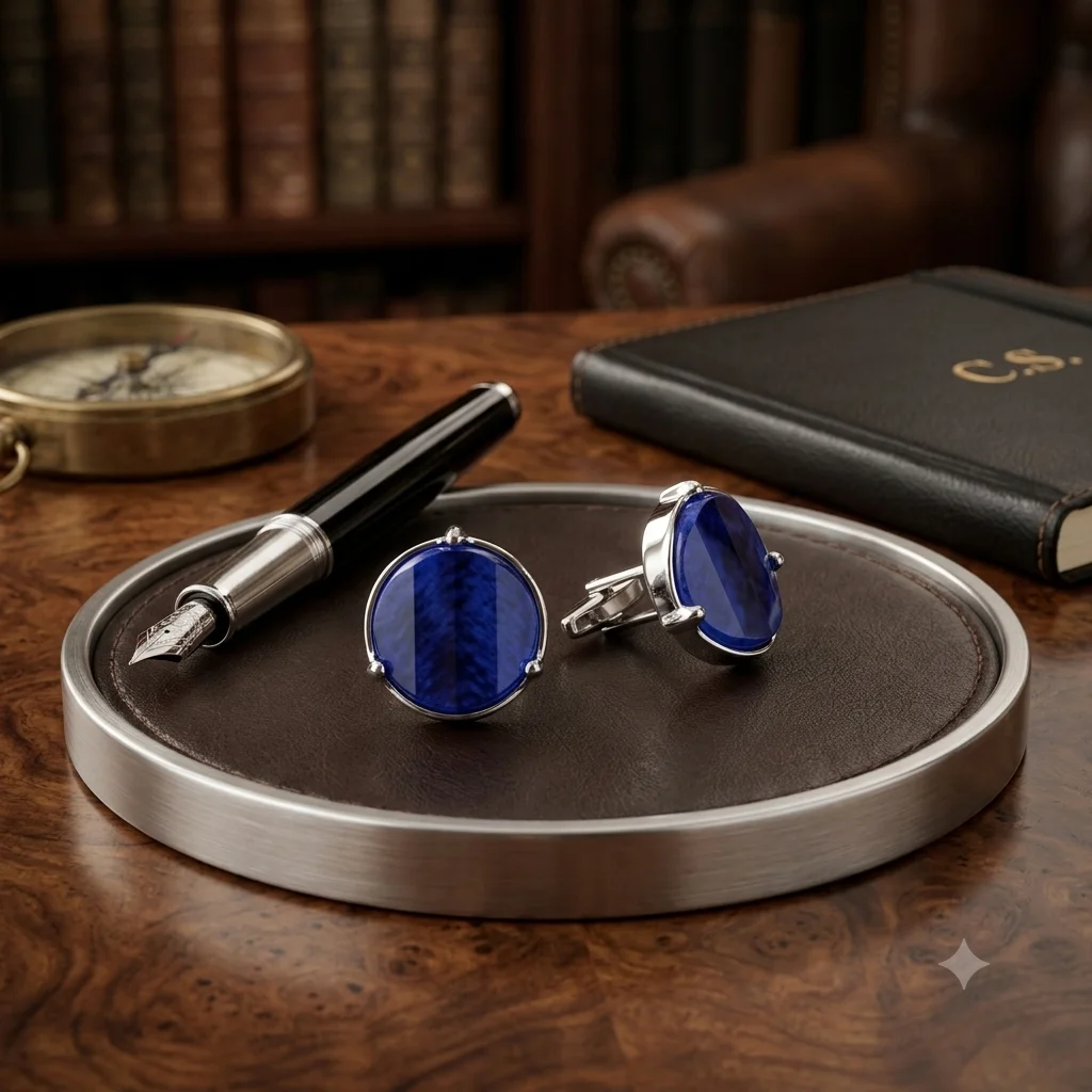 Elegant Large Blue Stone Cufflinks – Men’s With Free Leather Box alt