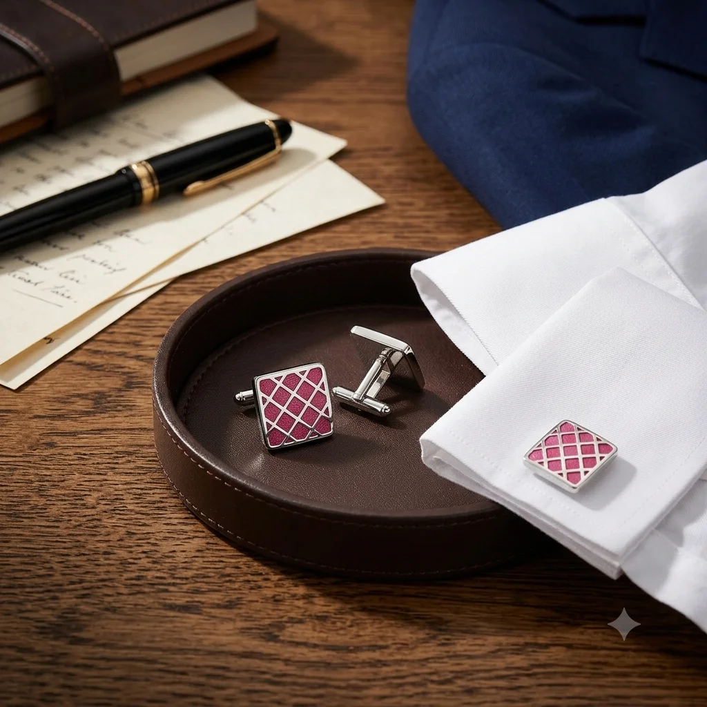 Elegant Pink Geometric Designer Cufflinks – With Free Leather Box alt