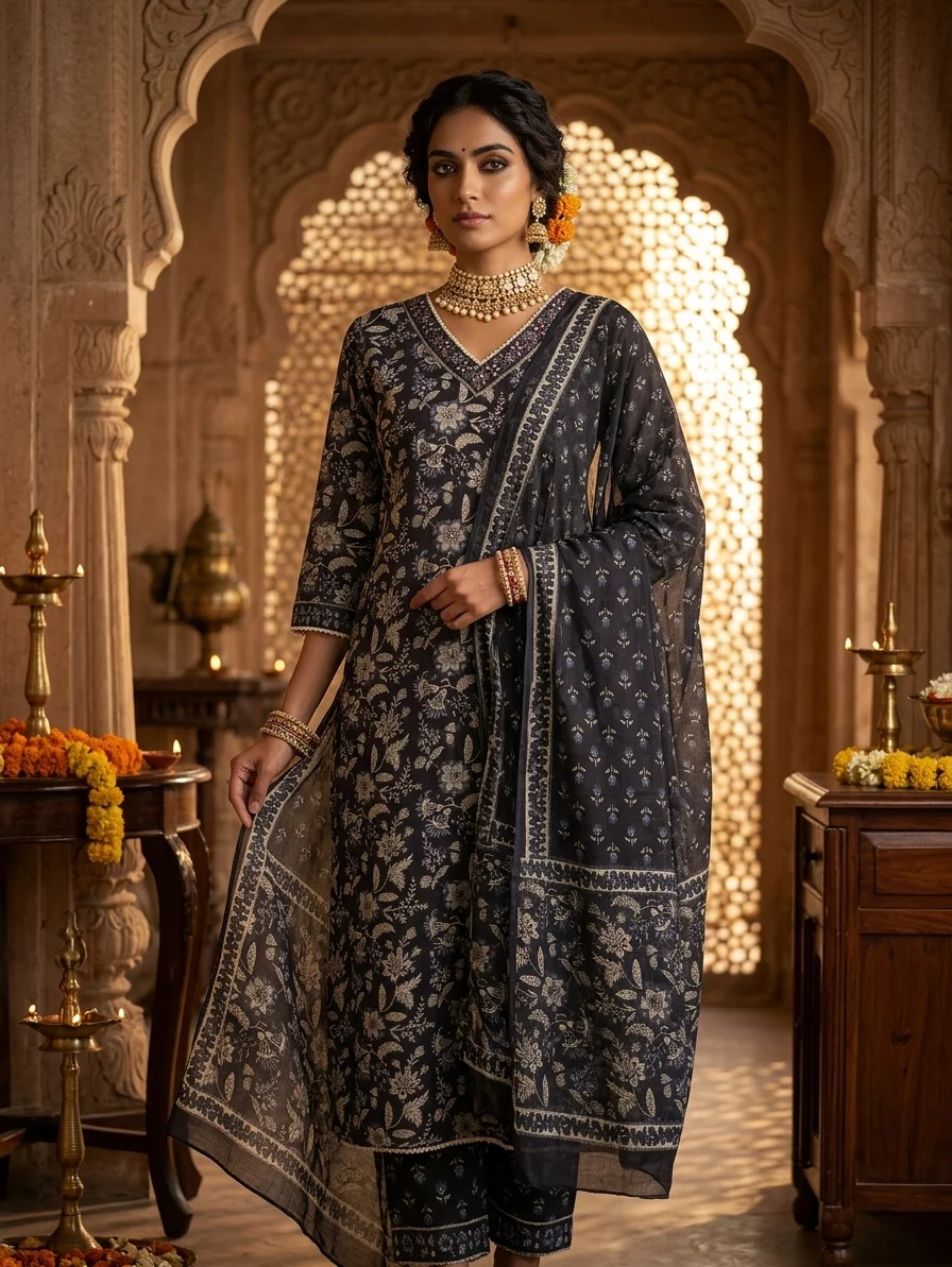 Black Floral Printed Kurta Pant & Dupatta Set for Women