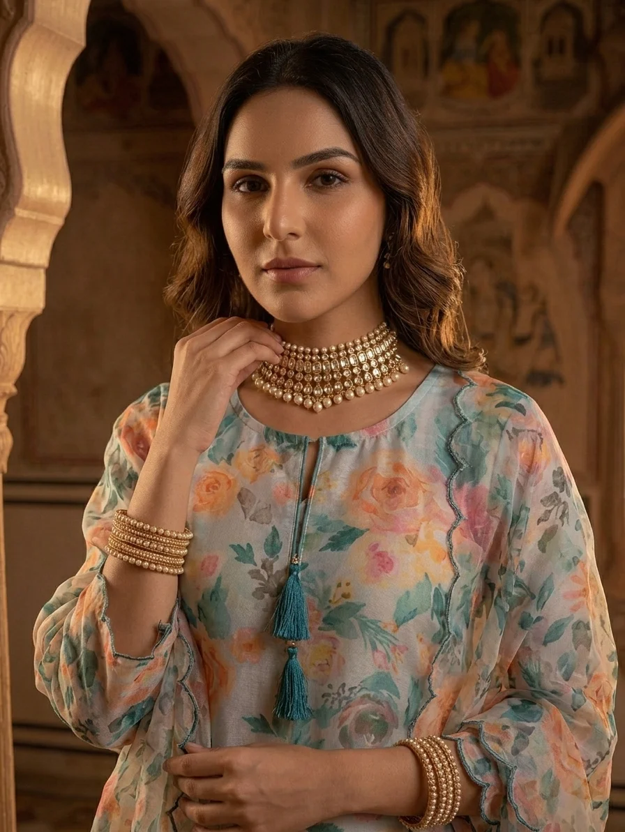 Elegant Floral Print Kurta Set with Scalloped Dupatta