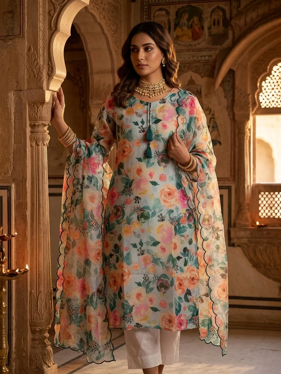 Elegant Floral Print Kurta Set with Scalloped Dupatta alt