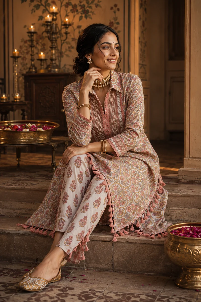 Premium Pure Cotton Printed Collared Co-ord Set with Embroidered Yoke