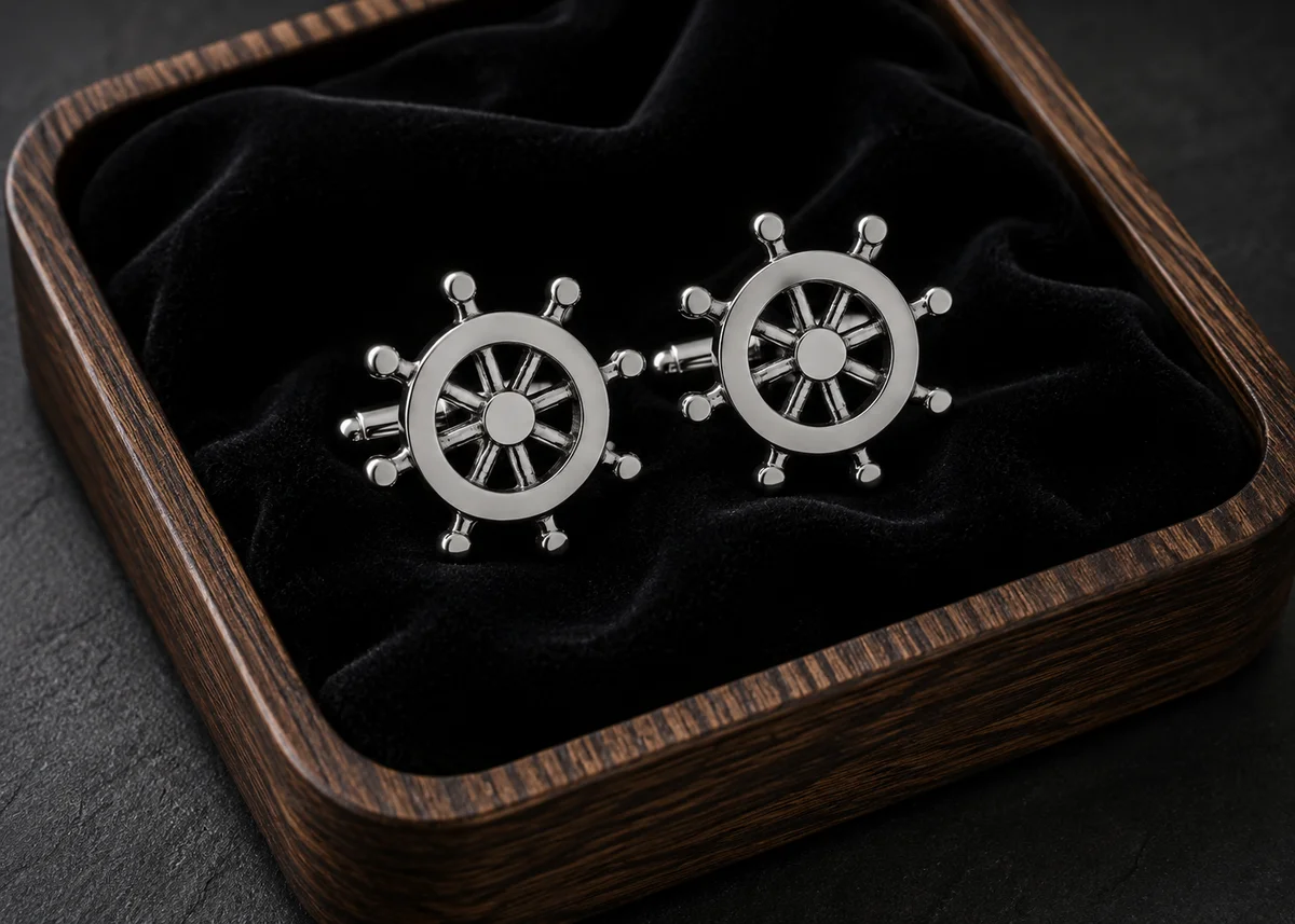 Premium Silver Ship Wheel Cufflinks for Men With Free Leather Box alt