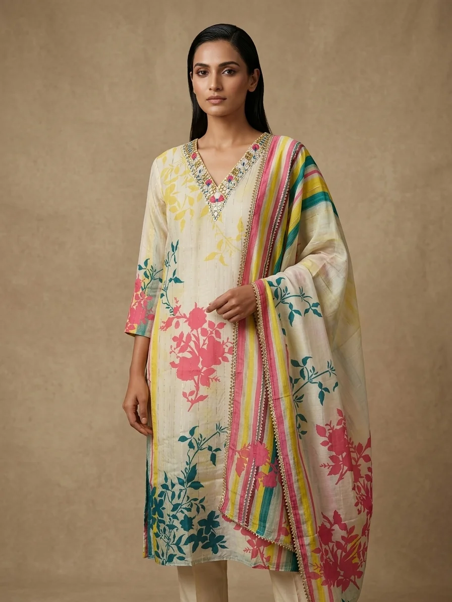 Vibrant Floral Silhouette Print Viscose Kurti, Muslin Pants, Soft Premium Striped Viscose Dupatta alt
