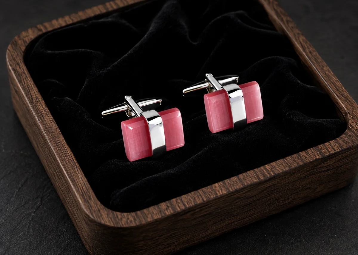 Modern Pink Gemstone Square Cufflinks For Men With Free Leather Box alt