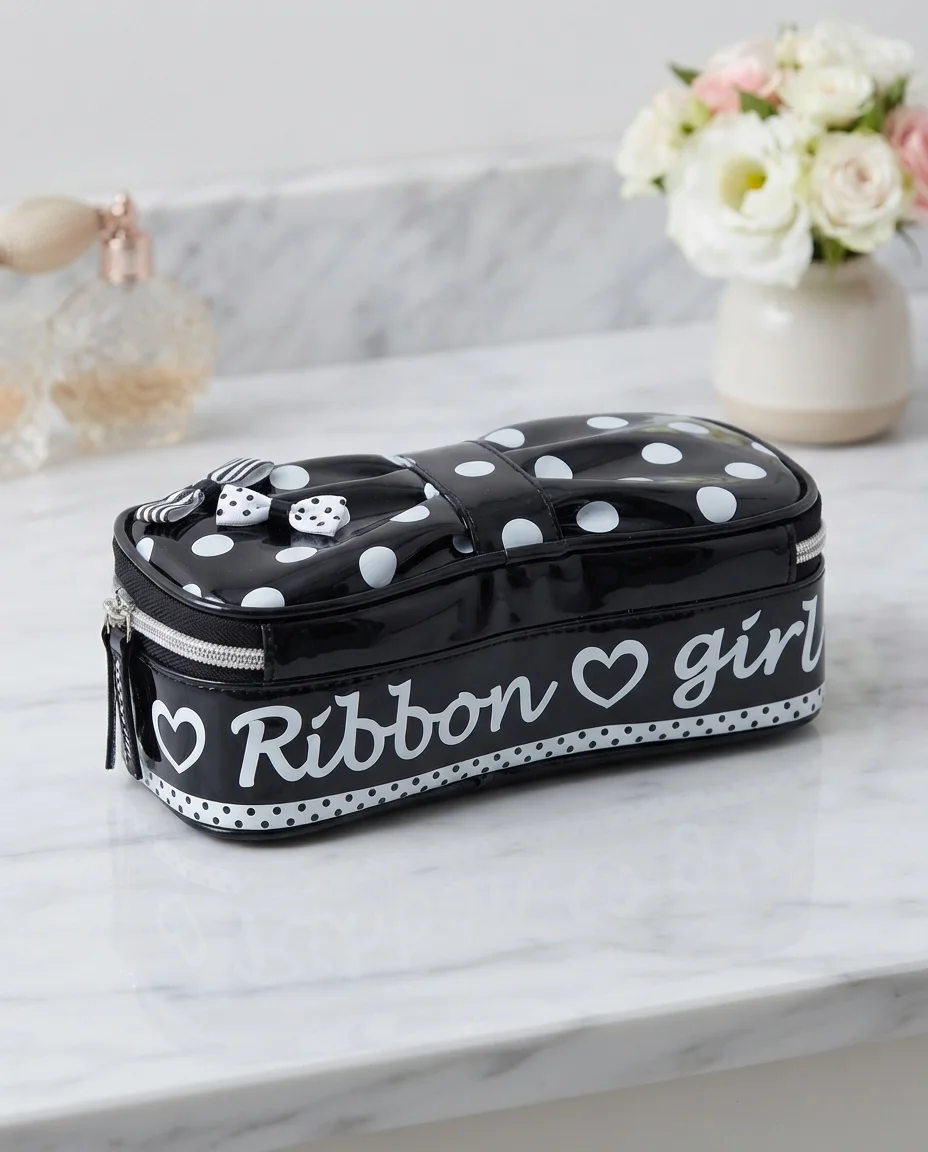 Black Patent Leather Cosmetic Bag & Makeup Organizer | Heart Print Travel Pouch alt