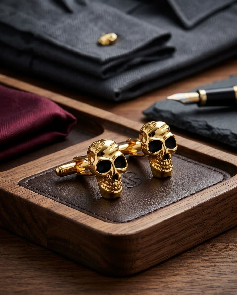 Bold Gold Skull Designer Cufflinks For Men With Free Leather Box alt