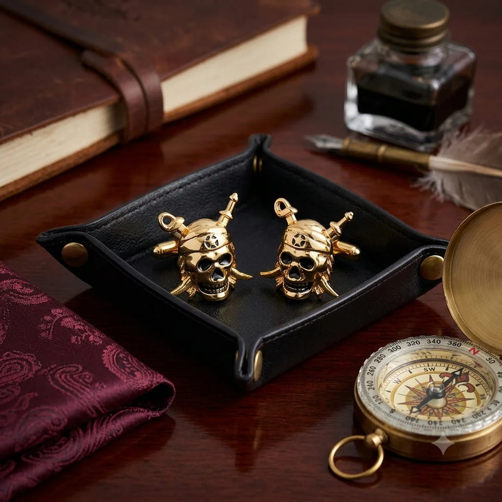 Premium Gold Skull and Crossbones Cufflinks for Men With Free Leather Box alt