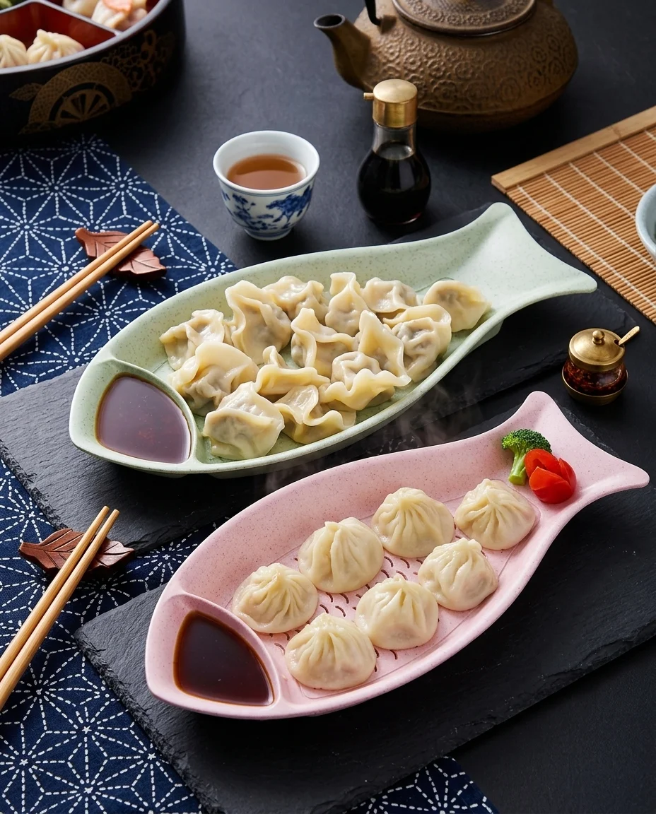 Eco-Friendly Wheat Grass Fish Platter | Dumpling Plate with Dip Compartment